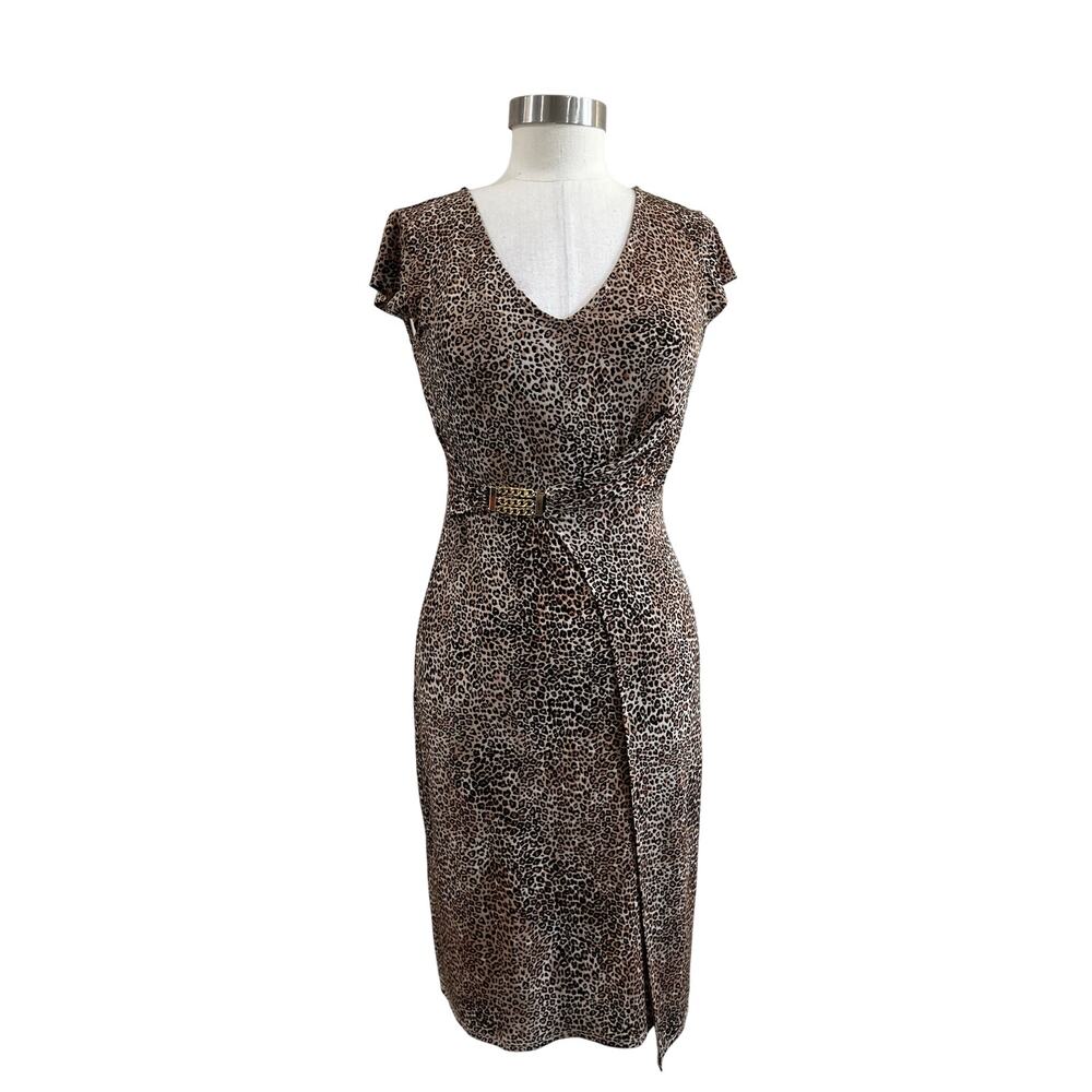 WHBM Cheetah Print Faux Wrap Dress Chain Detail Animal Print XS NWT Chic